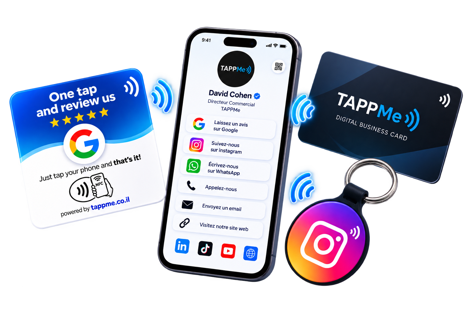 Produits NFC TAPPMe : carte Google, profil digital, Digital Business Card et porte-clé Instagram